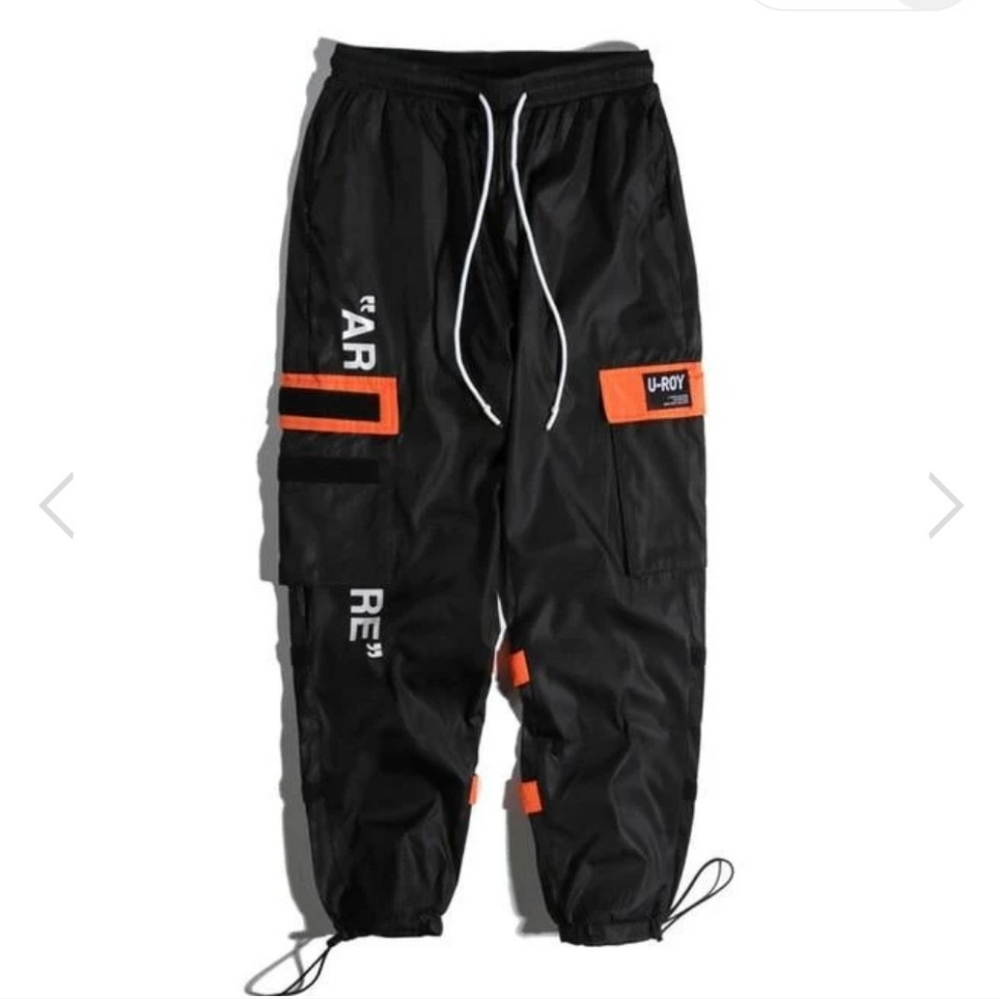 Black cargo pants with orange accents zipper pockets velcro drawstring XS